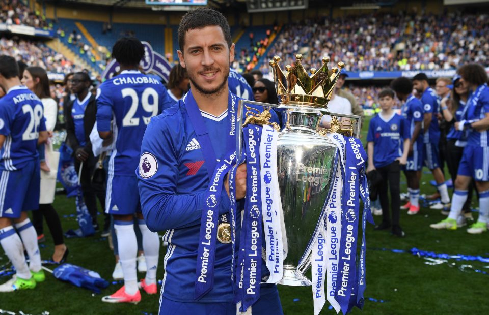  Hazard celebrates following Chelsea's Premier League win last term