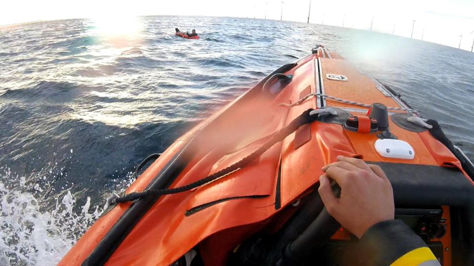  The man was spotted in the tiny child's dinghy about a mile off the coast of Redcar, North Yorks.