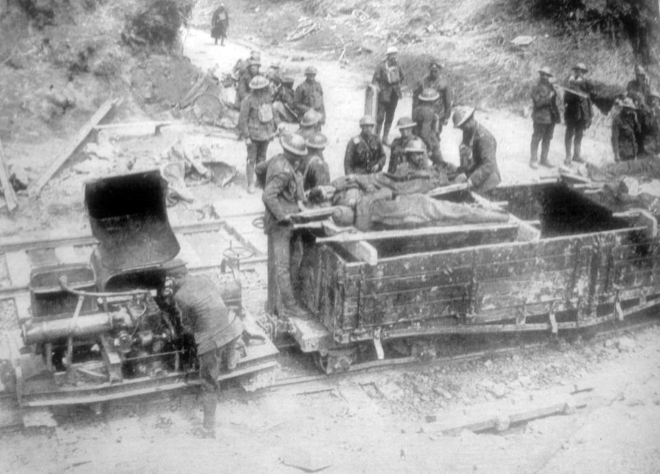  Wounded soldiers are evacuated from the front on a light railway