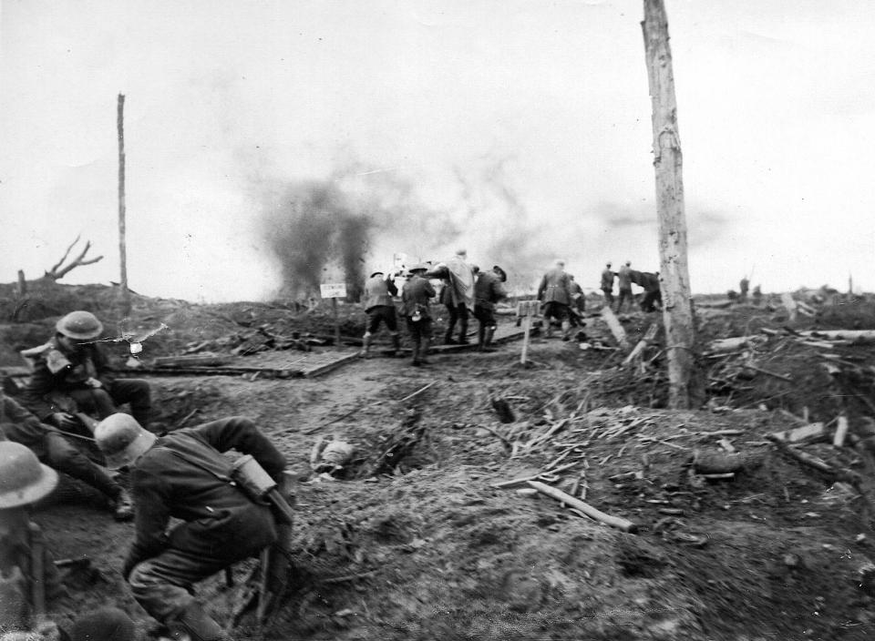  Wounded troops are evacuated from the front line under fire in Flanders