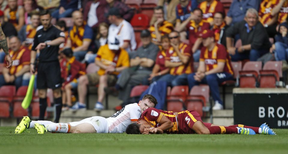  Adam Chicksen was left knocked out on the floor just 15 minutes into his Bradford debut today