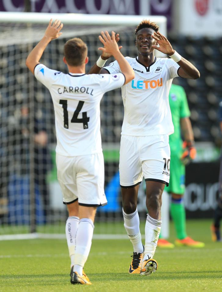  Tammy Abraham celebrates after scoring for Swansea City against Sampdoria at the Liberty Stadium