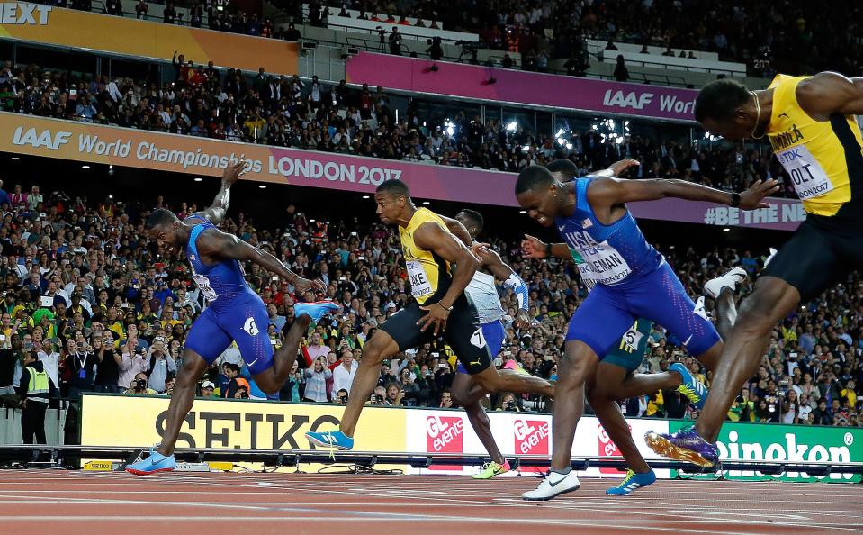  Gatlin beat Christian Coleman into second with Usain Bolt taking the bronze