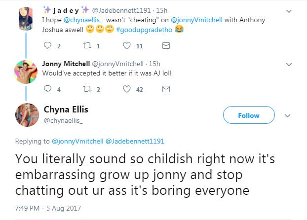  Chyna branded Jonny 'childish' as he joined in with a fan's joke