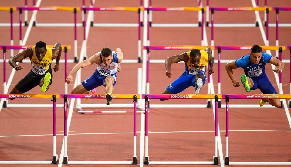  Pozzi sent the penultimate hurdle crashing to the floor to cost him vital speed