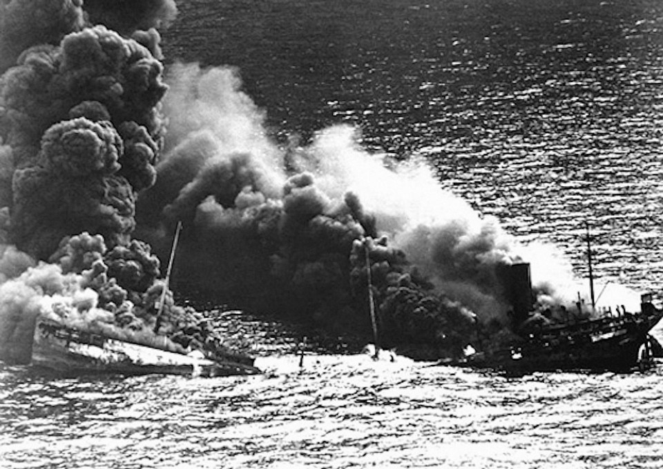 Here a ship is seen on fire after being attacked in the English Channel in 1940