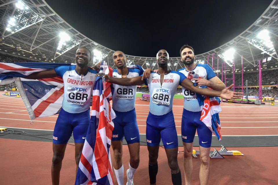  GB men's team celebrating at the World Athletics Championships at the weekend