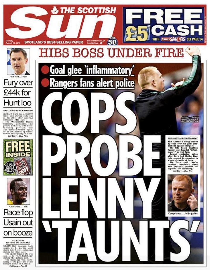  The Scottish Sun revealed that police are investigating Lennon's goal celebrations following complaints by home fans