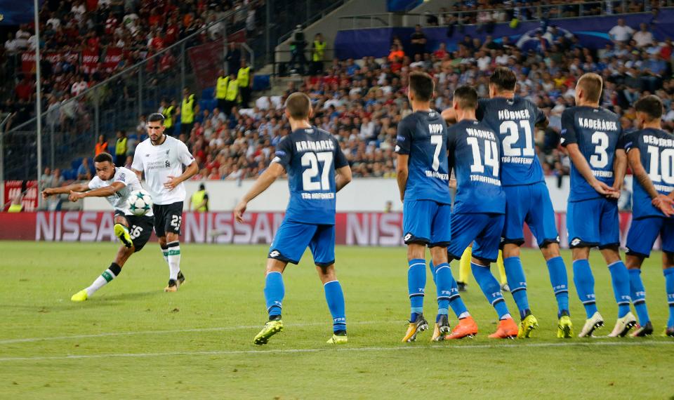  Alexander-Arnold curls his free-kick up and over the Hoffenheim wall