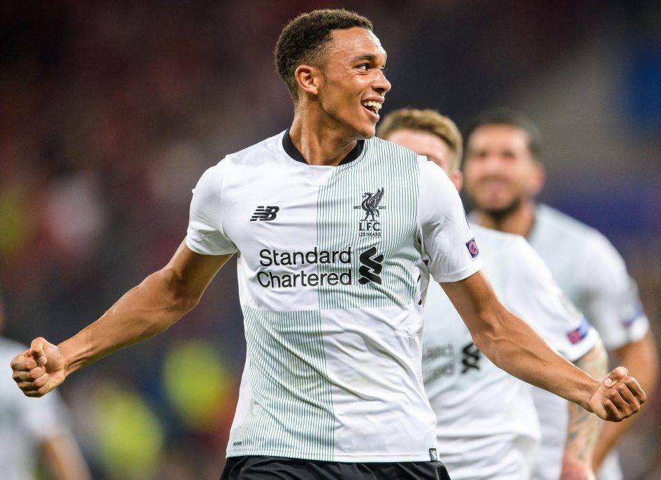  Trent Alexander-Arnold celebrates netting a free-kick against Hoffenheim