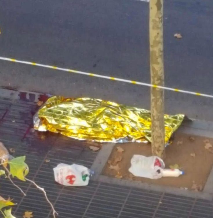  A body covered with a foil blanket lying on the blood-splattered ground