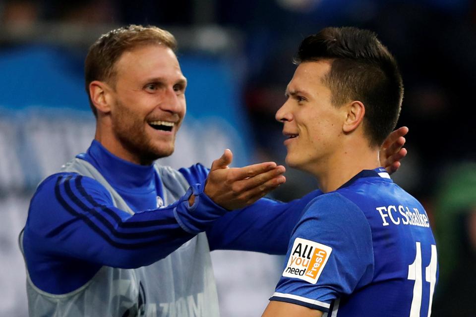  Howedes celebrates a goal with team-mate Yevhen Konoplyanka