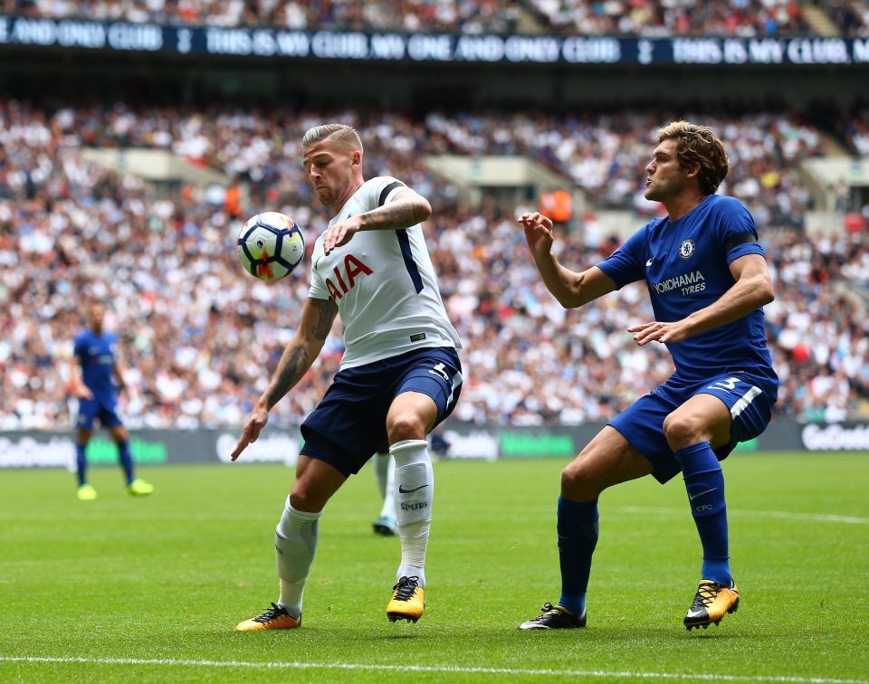  Two-goal Chelsea matchwinner Marcos Alonso shadows Spurs defender Toby Alderweireld at Wembley