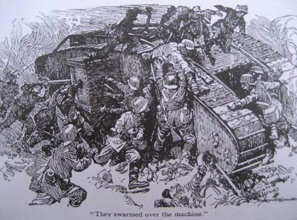  An illustration from a report at the time shows German soldiers swarming over Missen's tank