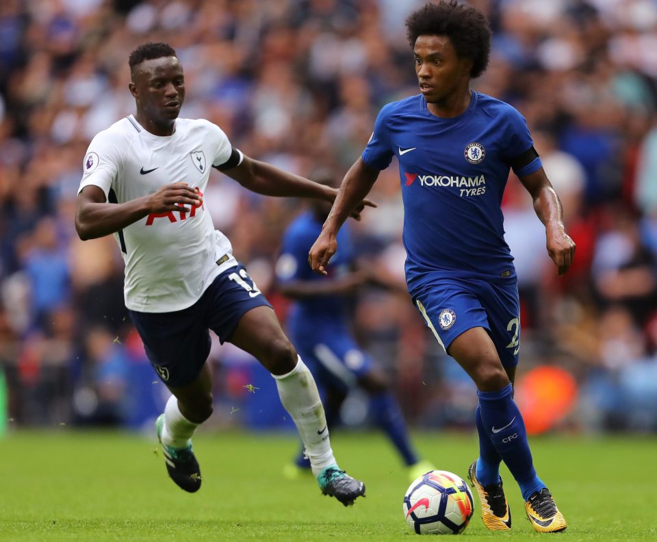  Chelsea midfielder Willian fends off Tottenham counterpart Victor Wanyama