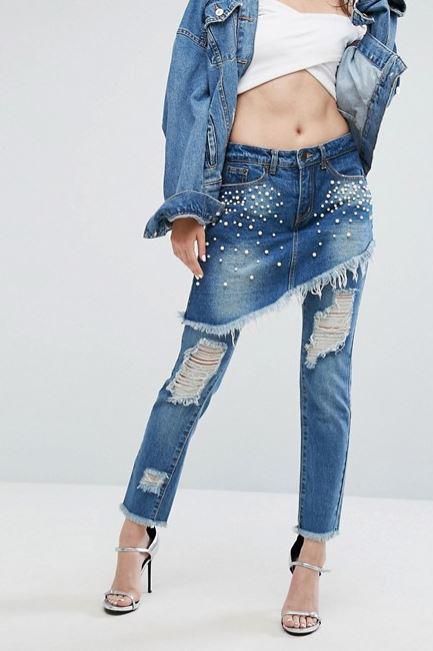  The Liquor N Poker Denim Skirt over Jeans with Pearl Detail outfit costs £42 and is available from the ASOS website