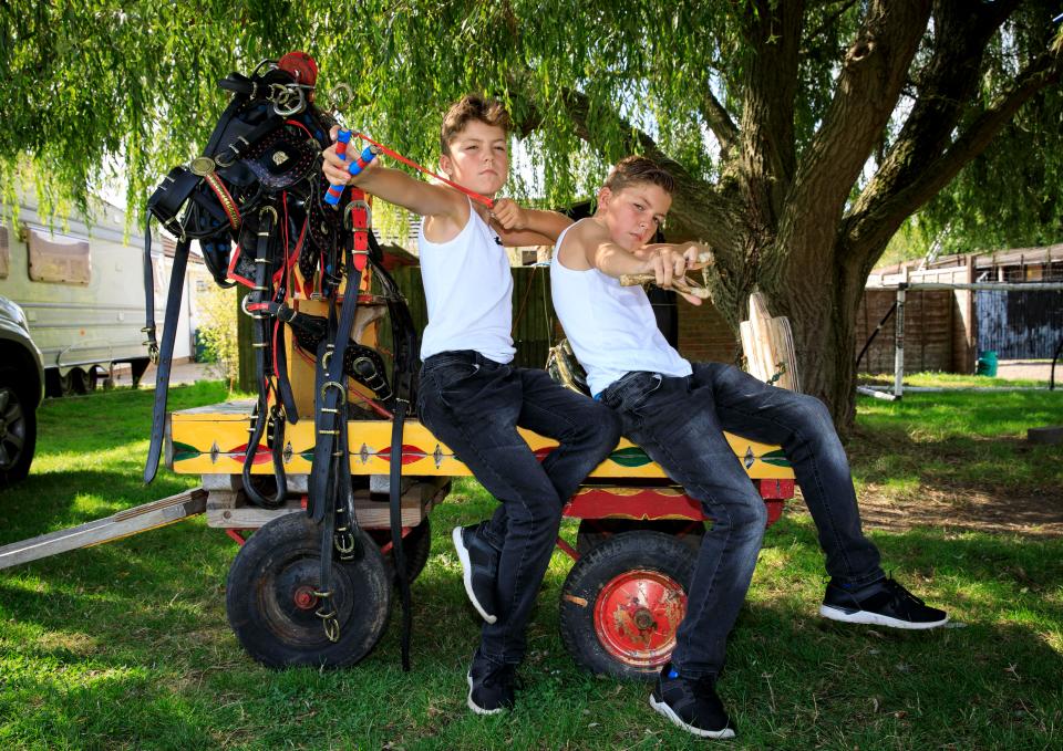  The lads recline on a traditional horse carriage in their garden