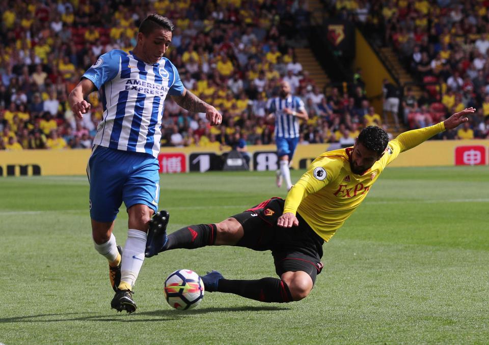 Miguel Britos' horrendous challenge on Anthony Knockaert at Vicarage Road