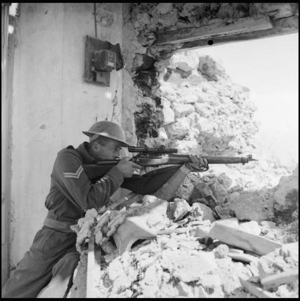  A New Zealander sniper in the ruins of Cassino, 26 March 1944