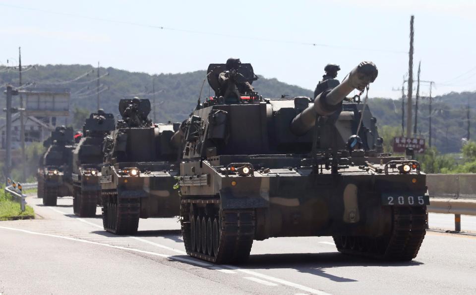  South Korean army's K-9 self-propelled howitzers move on the street in Paju, South Korea