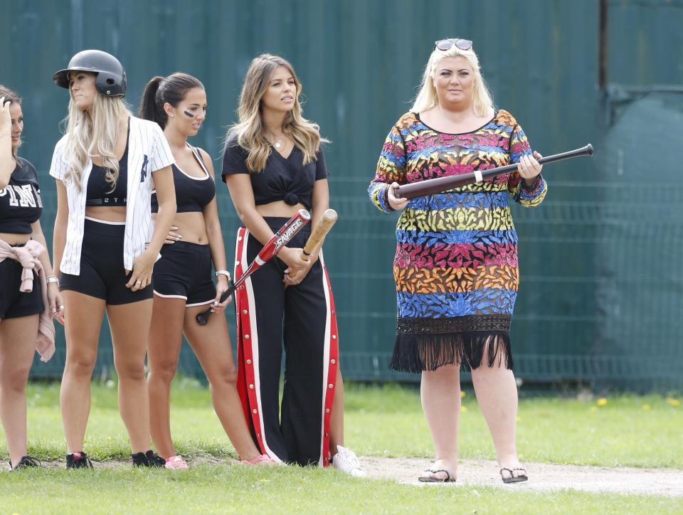  Gemma went for an multi-coloured strip dress