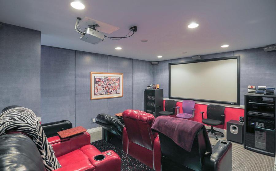 A cinema room appears muted in colour compared to the other pink areas 