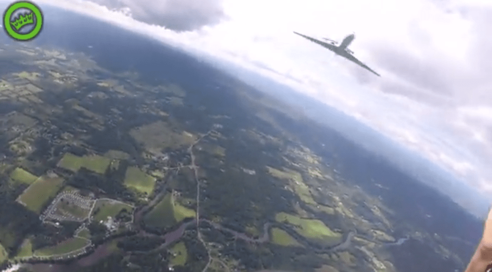  Dramatic footage has appeared of the moment a parachutist was nearly struck by a private jet