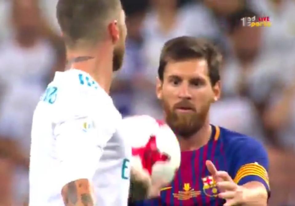  Lionel Messi wanted to take a quick free-kick but Sergio Ramos picked up the ball to stop it