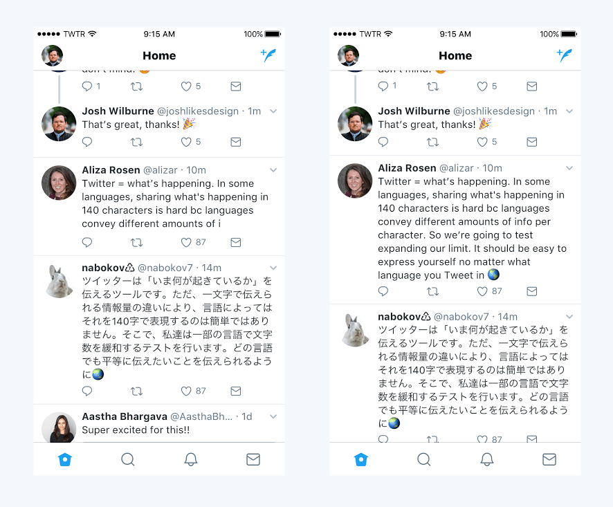  A comparison of traditional tweets and new ones which are twice as long