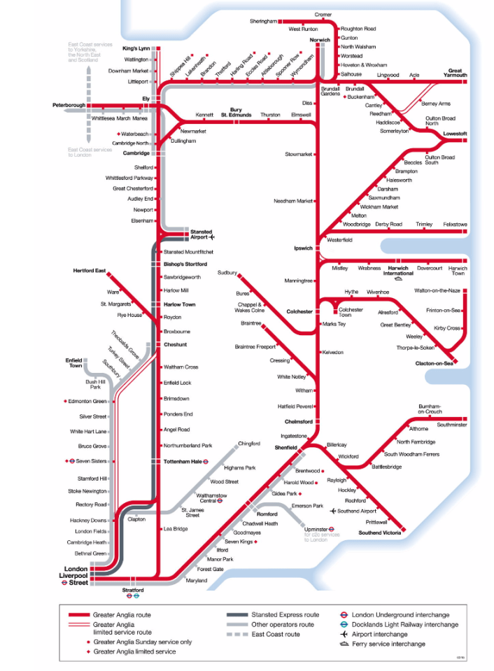  The routes provided by Greater Anglia in south-east England