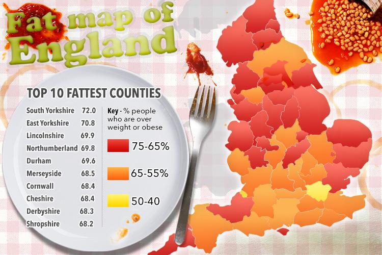  This map shows the fattest counties in England