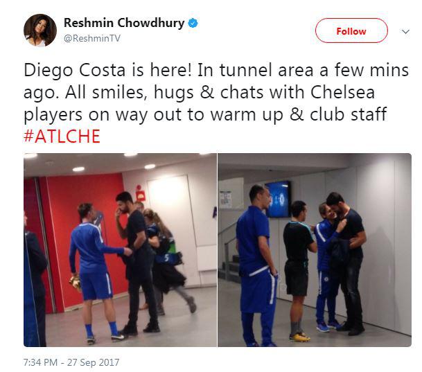  TV presenter Reshmin Chowdhury tweeted pictures of Diego Costa talking to Chelsea staff