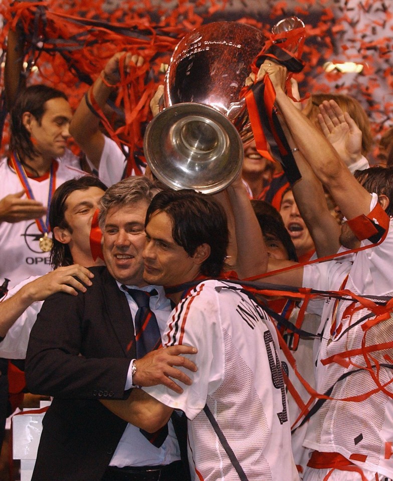 Carlo Ancelotti celebrates winning Champions League with AC Milan in 2003