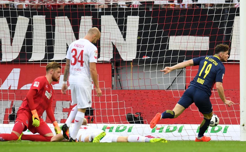  Oliver Burke celebrates after putting one past Timo Horn in Bundesliga