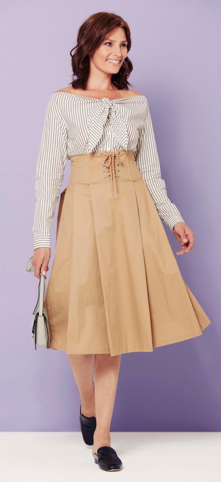  Off-the-shoulder striped top, £19.99, and corset skirt, £34.99, both H&M; black backless loafers, £58, Office; grey long-strap bag, £5, Primark