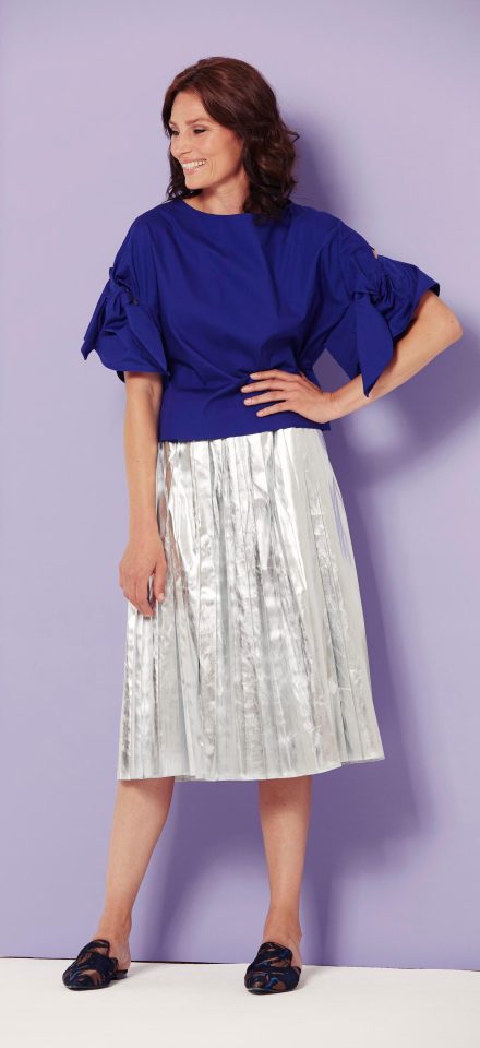  Top, £26, Topshop; metallic skirt, £35, Very.co.uk; mules, £32, Next; earrings pack of two, £7.99, H&M