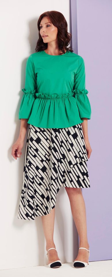  Top, £32, Asos.com; asymmetric skirt, £39, and white shoes with black toe, £52, both Topshop