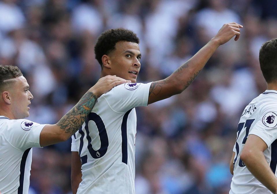  Dele Alli celebrates scoring for Tottenham in 1-1 draw with Burnley at Wembley