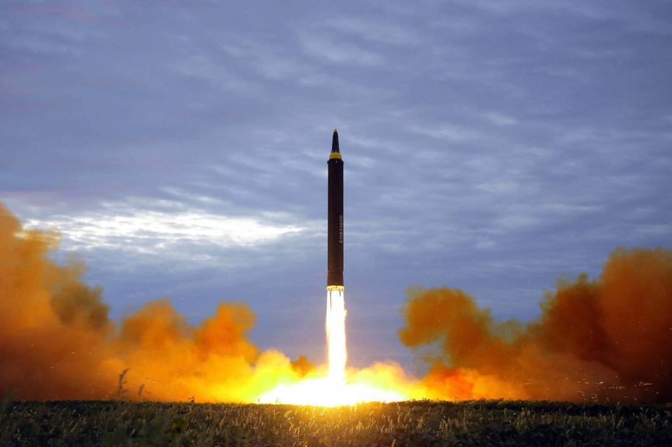  The test launch of a Hwasong-12 intermediate range missile in Pyongyang, North Korea