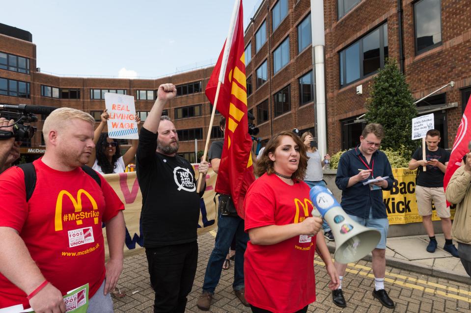  Members of the Bakers, Food and Allied Workers Union (BFAWU) stage a protest outside the McDonald's headquarters in East Finchley in London