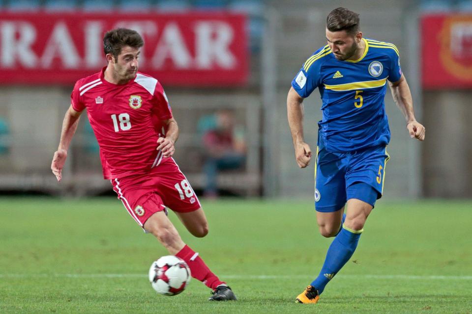  Gibraltar's Anthony Hernandez against Sead Kolasinac