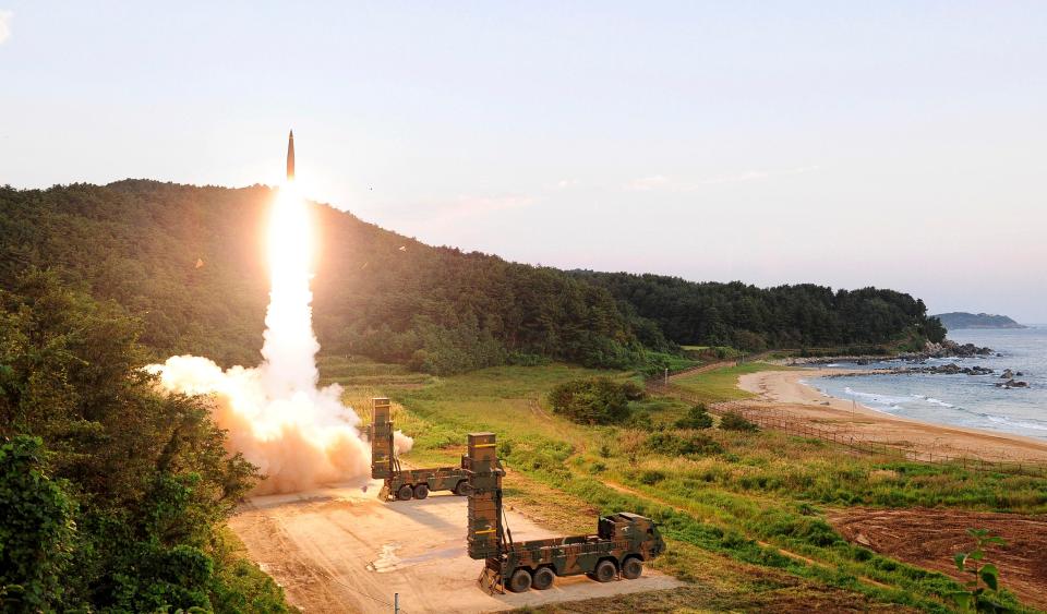  South Korea released pictures on Monday showing its military firing test missiles off the east coast