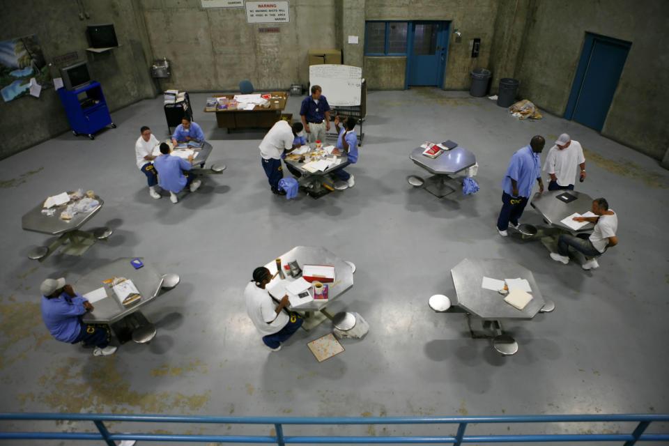  Inmates are pictured during a study session at Folsom