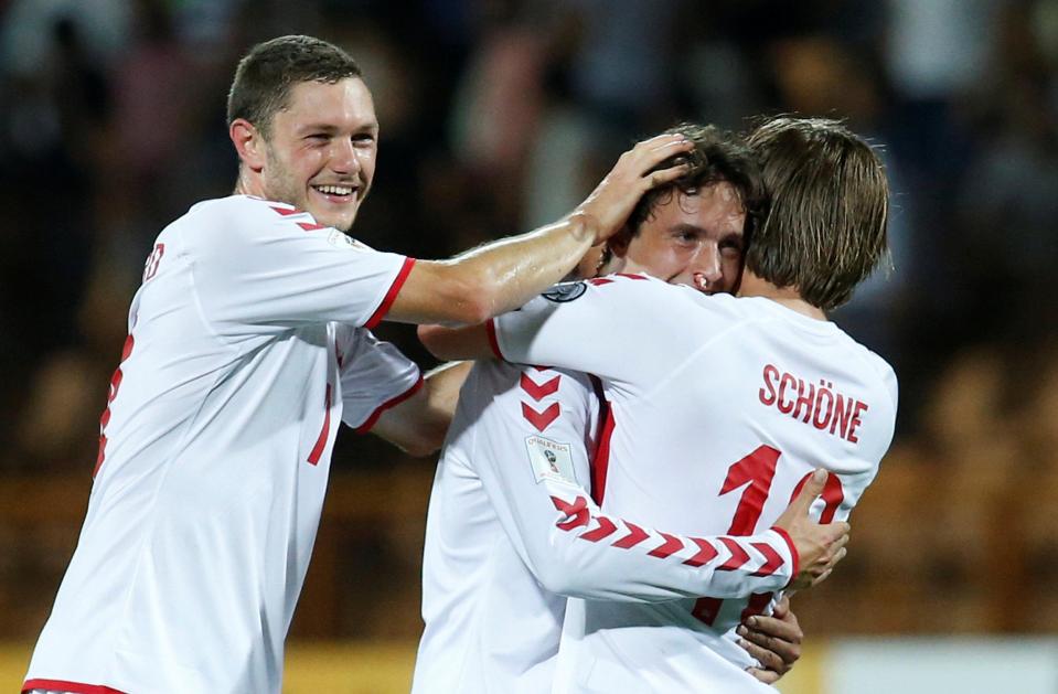  Thomas Delaney celebrates after bagging his hat trick for Denmark