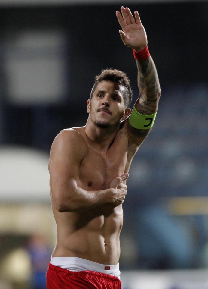  Montenegro goalscorer Stevan Jovetic reacts after victory against Romania