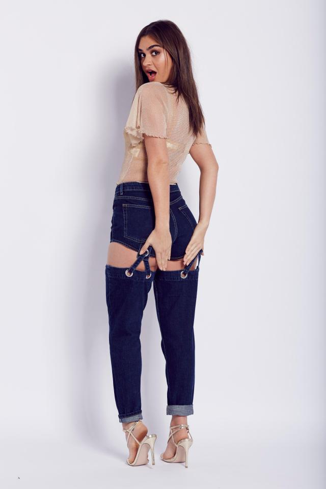  Blue suspender jeans, £85, Topshop; bralet, £12.99, New Look; gold sheer top, £18, Topshop; heels, £59, Office