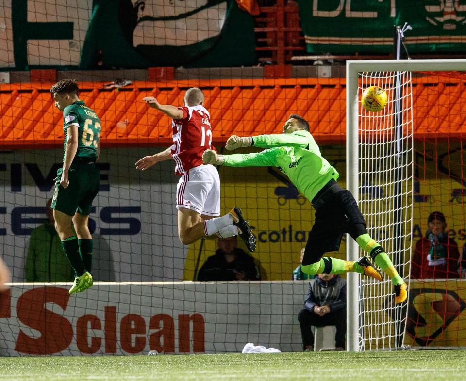  Accies substitute Alex Gogic rose highest to head his side a late consolation goal against Celtic