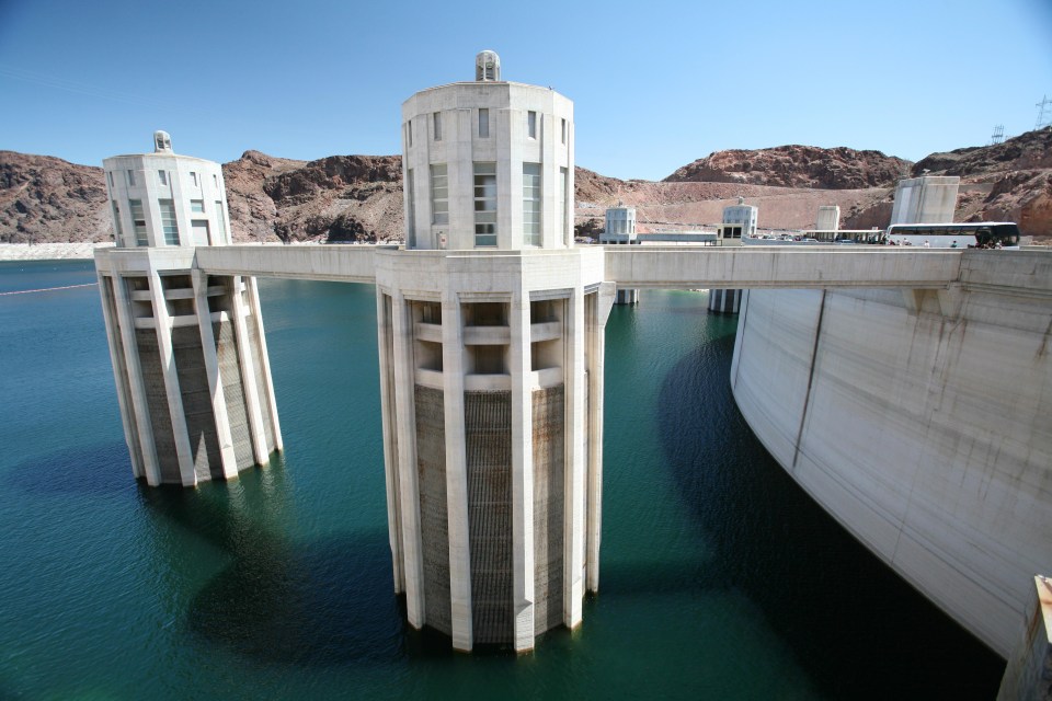 Intake towers at Hoover Dam control the supply of water for the powerplant turbines