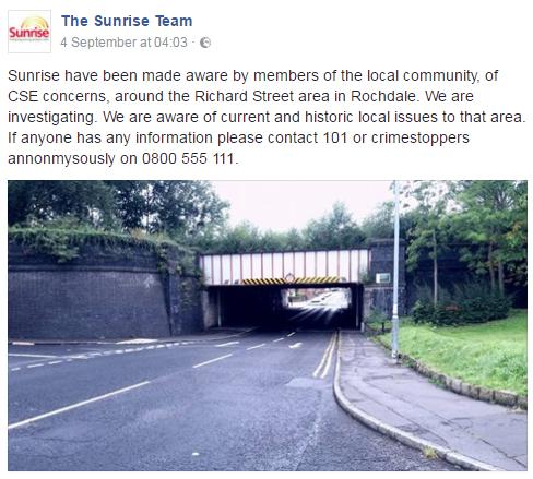  The Sunrise Team, made up of cops and social workers, posted the location of a suspected grooming hot spot on Facebook