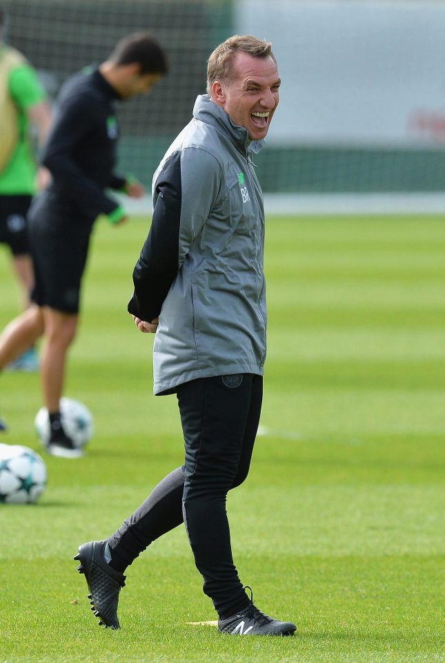  Brendan Rodgers does not look phased about Tuesday's fixture while training with his club on Monday